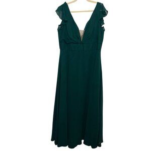 Anna Sophia Emerald Green Evening Gown Ruffle Sleeves V-Neckline Size 22